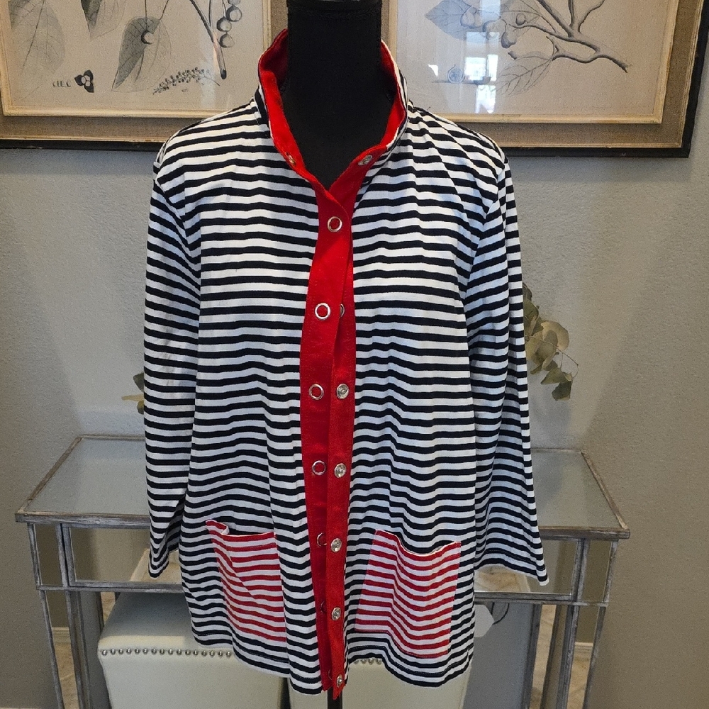 Onque Woman Black and White Striped Jacket with Red Trim